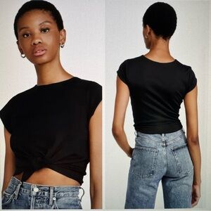 Susana Monaco Knotted Front Crop Top Short Sleeve Black Medium
